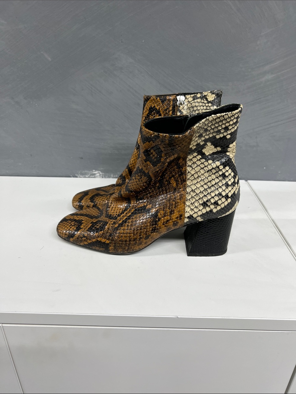 Freda Salvador Two-Tone Snake-Print Ankle Boots in Brown & Cream